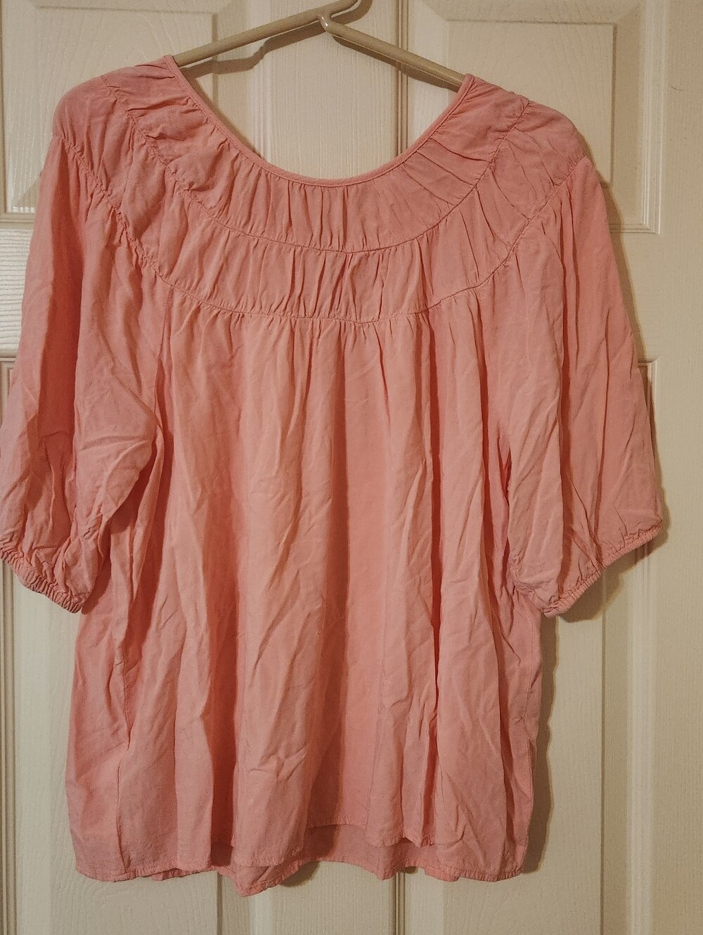 Loft Women's Blouse Size L Bubble Gum Pink Gathered Details Short Sleeve Work